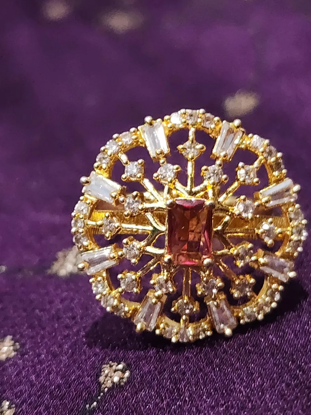 Gold-Plated Pink Center Filigree Cocktail Ring